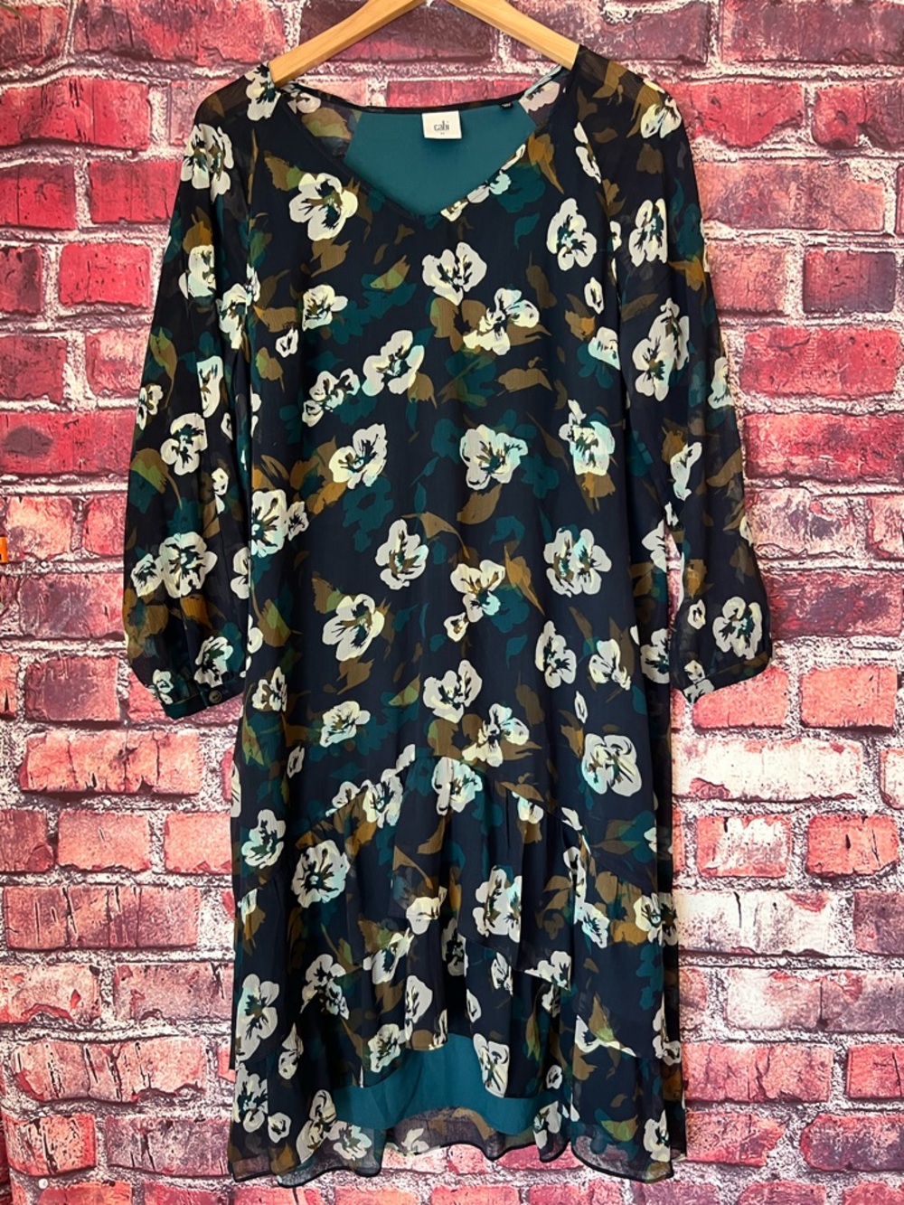 Cabi Pirouette Floating Flowers Dress M Navy Blue Floral Chiffon 3460